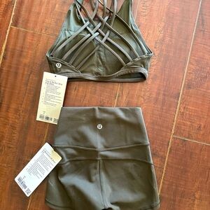 BEAND NEW NEVER WORN* Lululemon Bra top and matching shorts. Dark olive